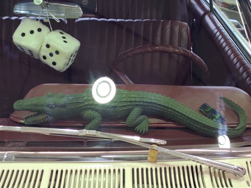 Frontscheibe weisse fuzzy dice alligator und galaxie
